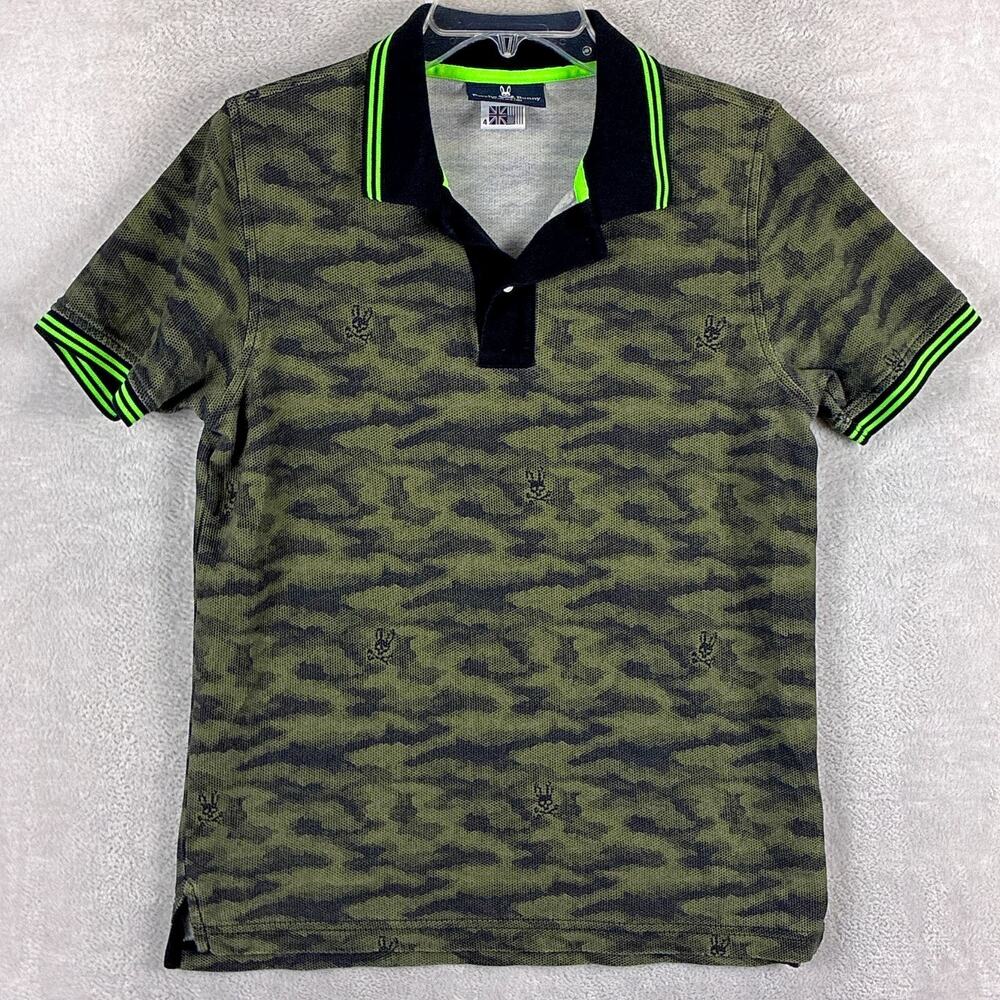 Psycho Bunny Polo Shirt Mens 4 (S) Green Camo Rockaway Skull AOP Pique Preppy